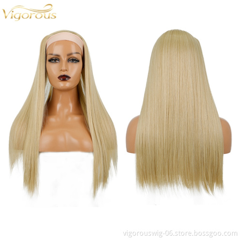 Vigorous dropship natural cheap blonde straight perruque wholesale glueless synthetic fiber hair for headband wigs for women